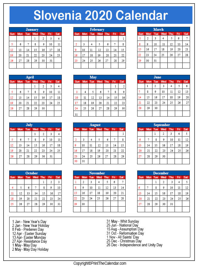 Slovenia Printable Calendar 2020